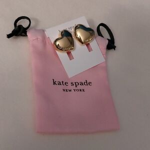 NWT Kate Spade Gold Tone, Puffy, Heart Stud Earrings, With Dustbag.